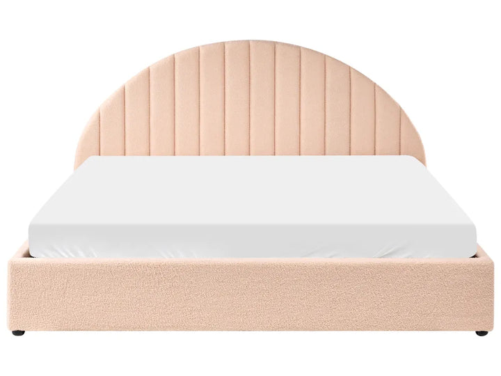 Beige bed frame with white mattress on a white background