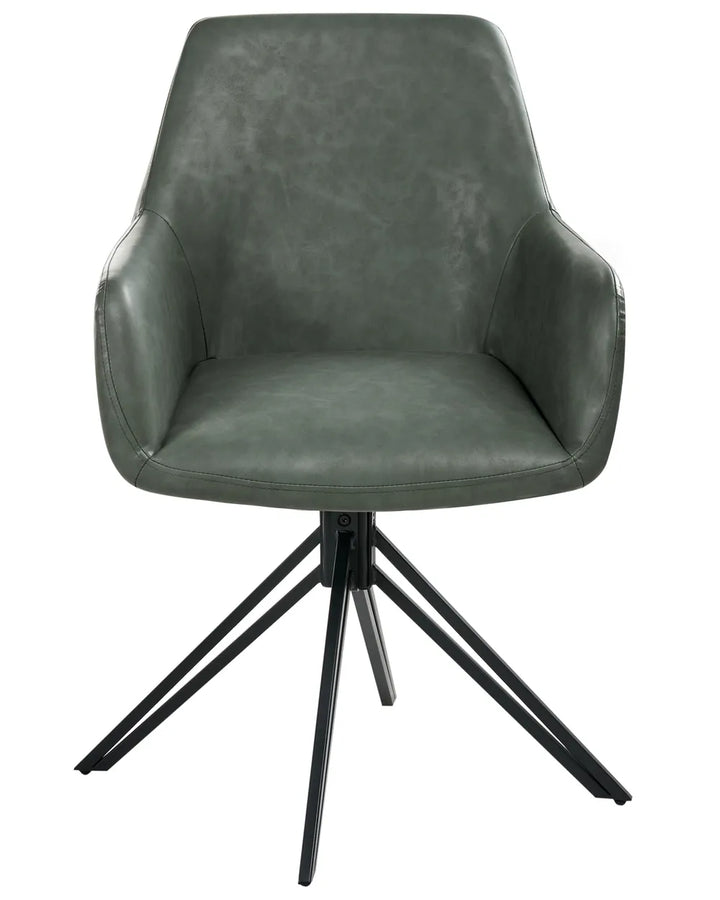 Green faux leather swivel dining chair with integrated armrests and a black metal spider base.