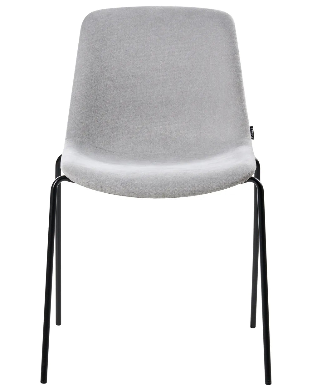 Light grey velvet dining chair with black legs.