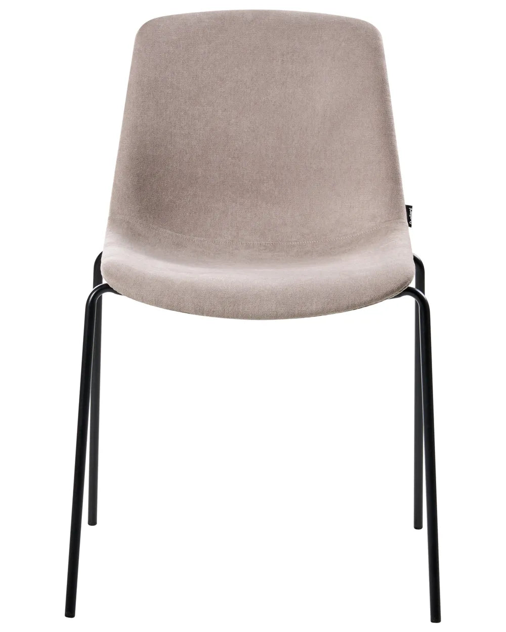 Beige velvet dining chair with black legs.