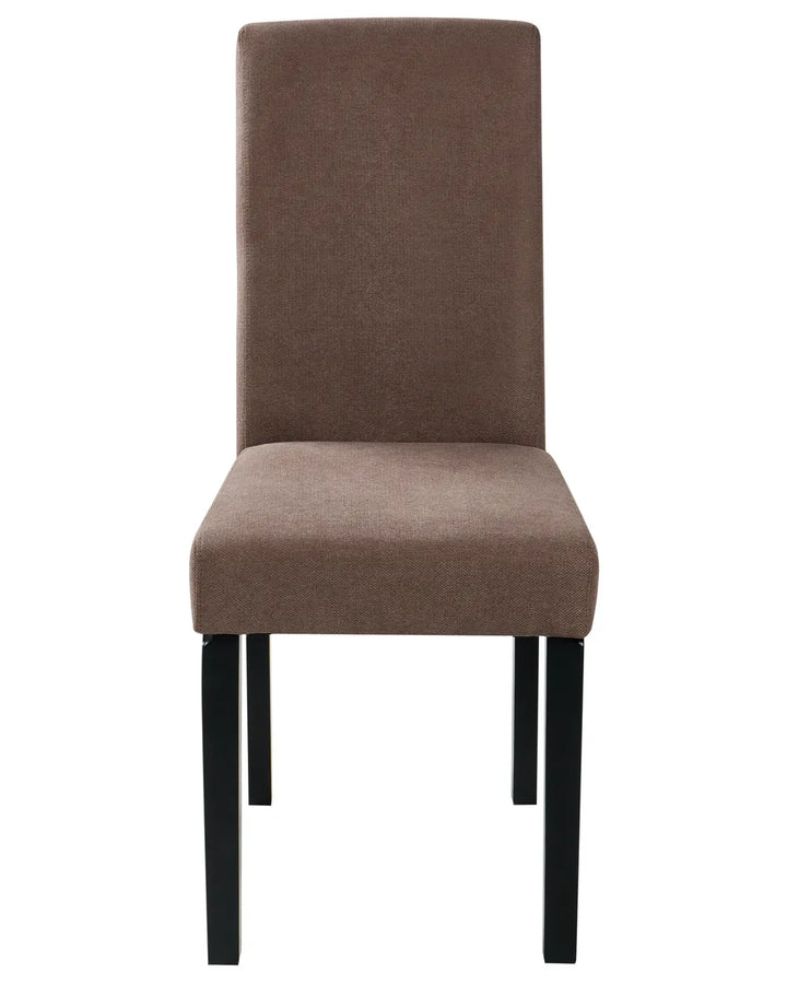 Brown upholstered dining chair with a high backrest and black wooden legs, photographed on a white background.