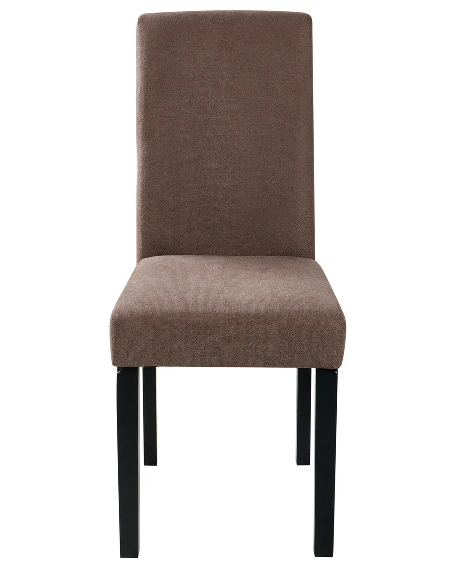 Brown upholstered dining chair with a high backrest and black wooden legs, photographed on a white background.