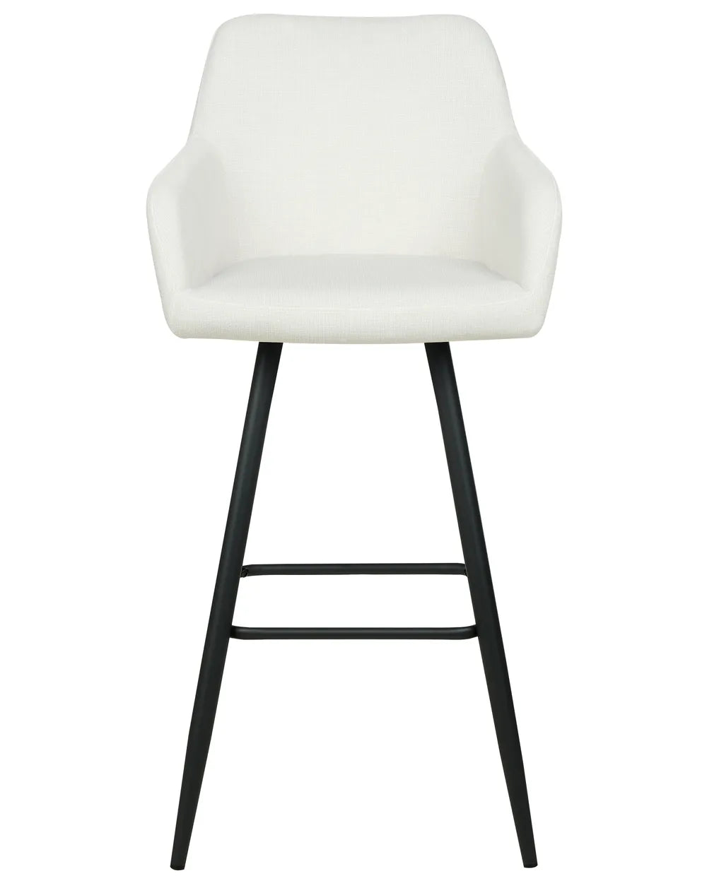 Off-white velvet bar chair with a rounded upholstered backrest, padded seat with integrated armrests, and slanted black metal legs.
