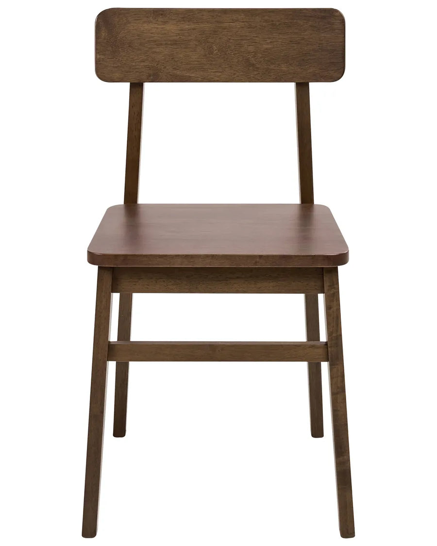 Dark walnut wood dining chair with a minimalist straight backrest, flat wooden seat, and slim tapered legs, shown against a clean white background.