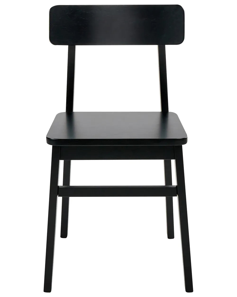 Modern black wooden dining chair with a minimalist rectangular backrest, flat square seat, and slim tapered legs, displayed against a clean white background.