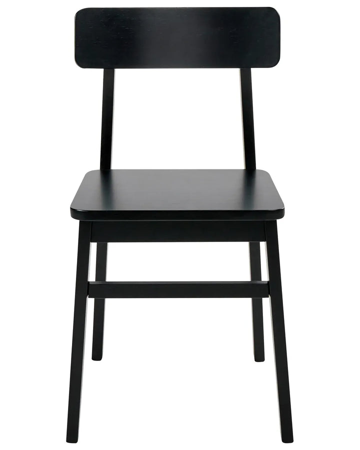 Modern black wooden dining chair with a minimalist rectangular backrest, flat square seat, and slim tapered legs, displayed against a clean white background.