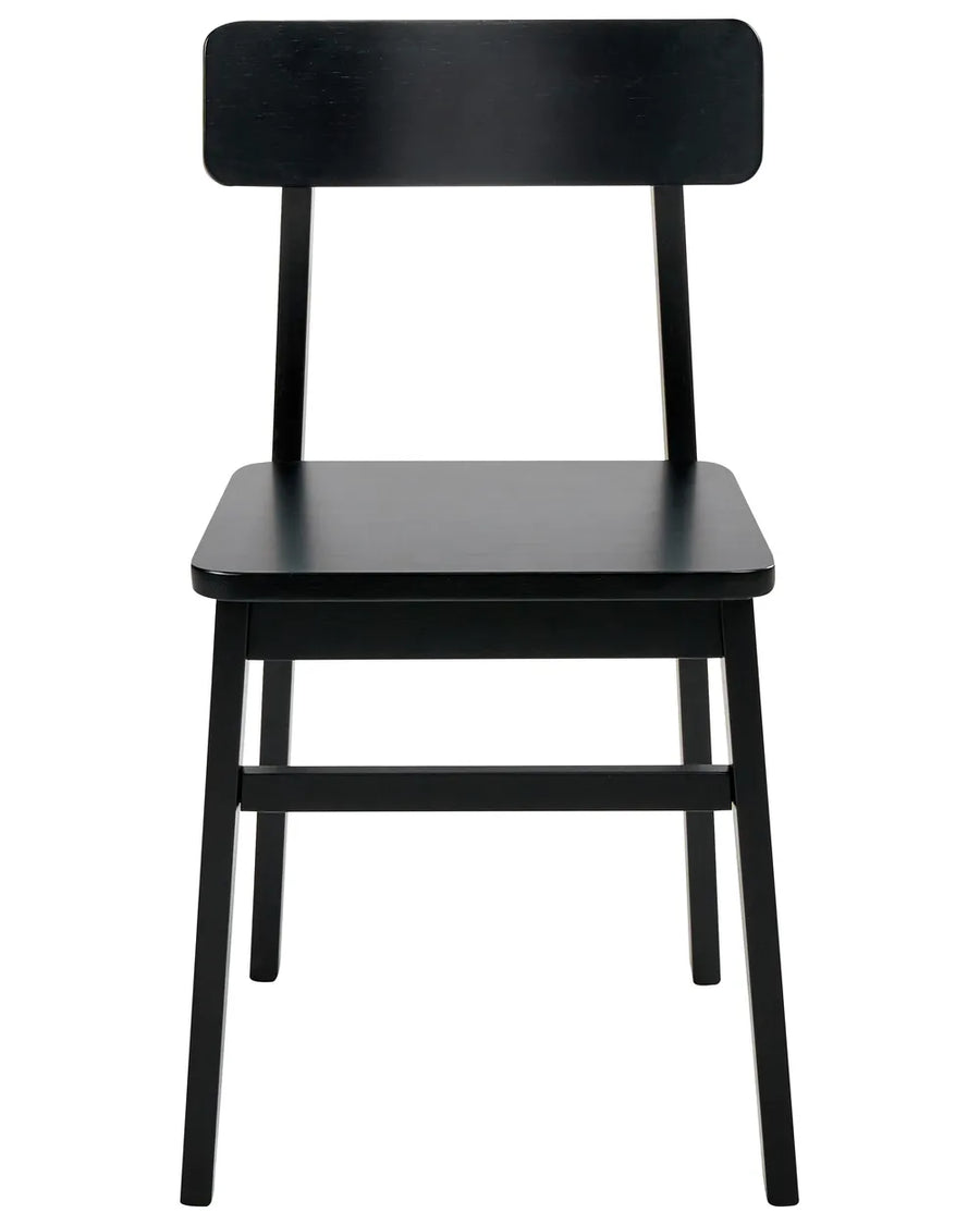 Modern black wooden dining chair with a minimalist rectangular backrest, flat square seat, and slim tapered legs, displayed against a clean white background.