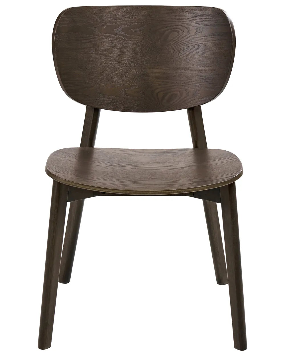 Dark wood dining chair with a minimalist curved backrest and contoured seat, featuring a sleek Scandinavian-inspired silhouette and visible wood grain for a warm, modern look.