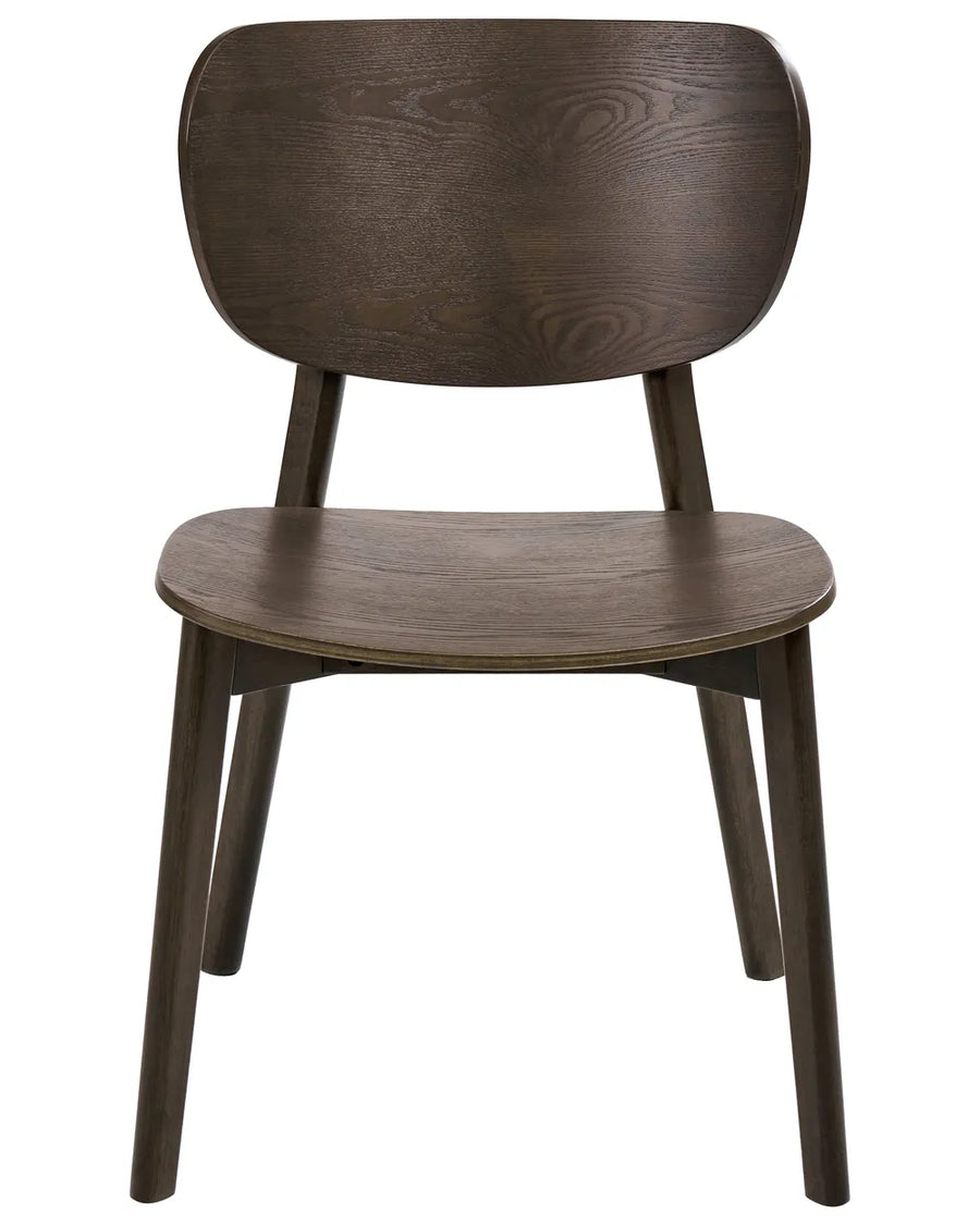Dark wood dining chair with a minimalist curved backrest and contoured seat, featuring a sleek Scandinavian-inspired silhouette and visible wood grain for a warm, modern look.