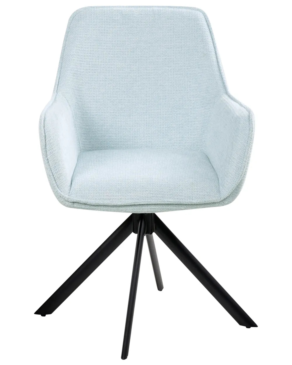 Light grey upholstered swivel dining chair with integrated armrests, textured fabric upholstery, and a black metal swivel base.