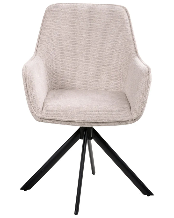 Light beige upholstered swivel dining chair with integrated armrests, textured fabric upholstery, and a black star-shaped metal swivel base.