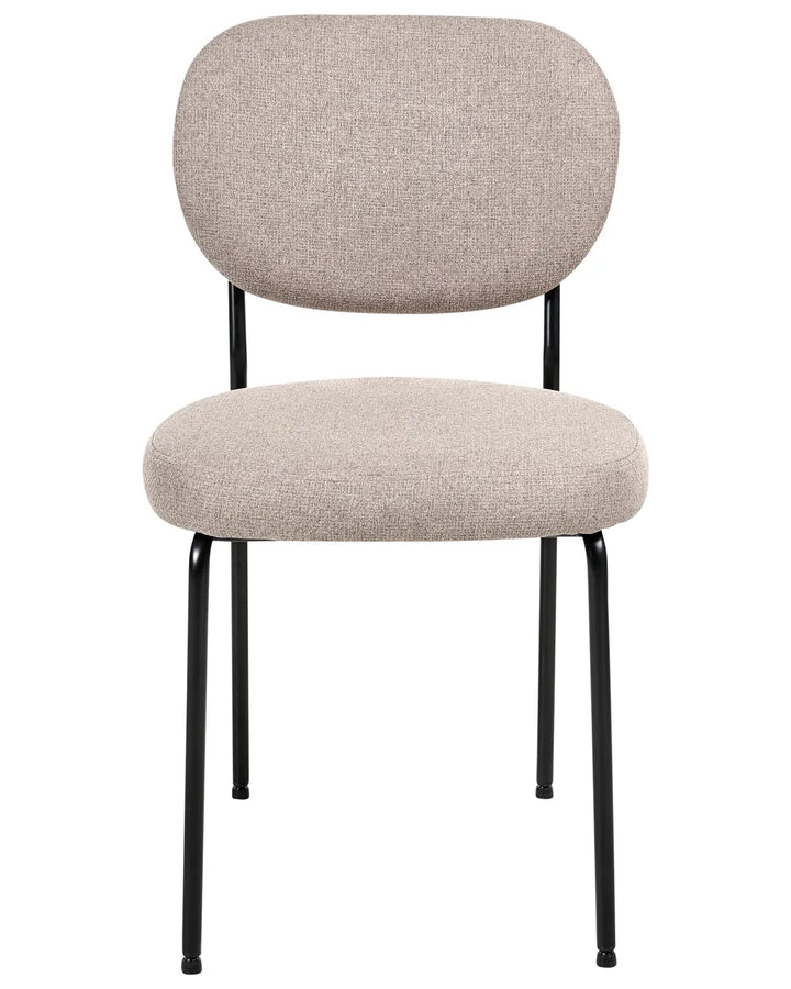 Beige fabric dining chair with a softly rounded backrest, cushioned seat, and slim black metal frame, combining minimalist style with everyday comfort.