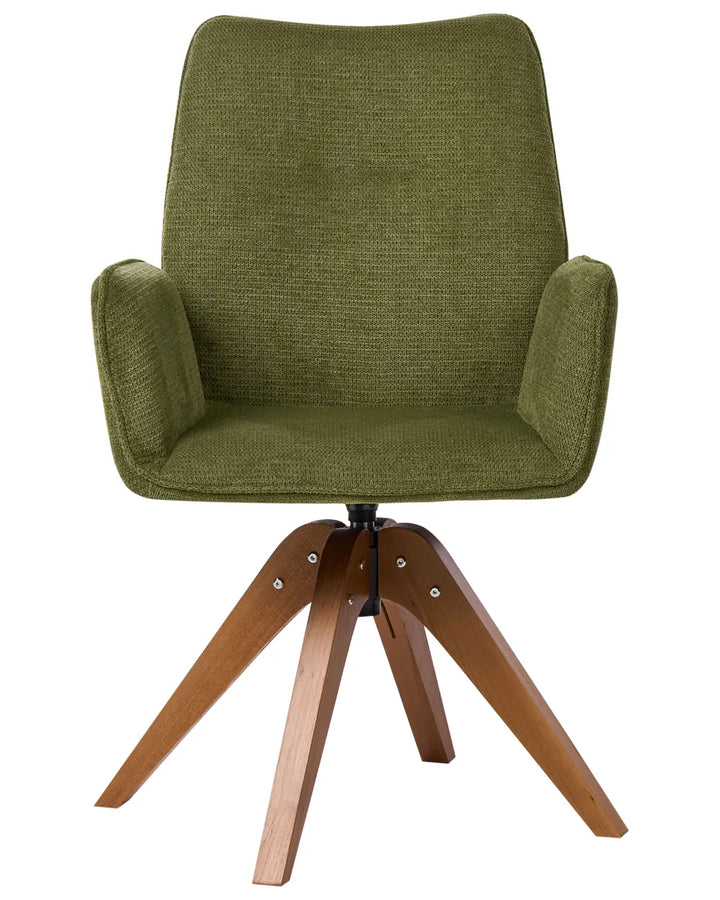Green faux linen swivel dining chair with a tall backrest, integrated armrests, and oak wood legs.