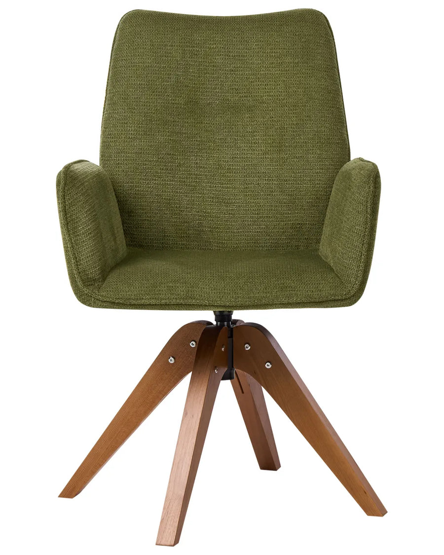 Green faux linen swivel dining chair with a tall backrest, integrated armrests, and oak wood legs.
