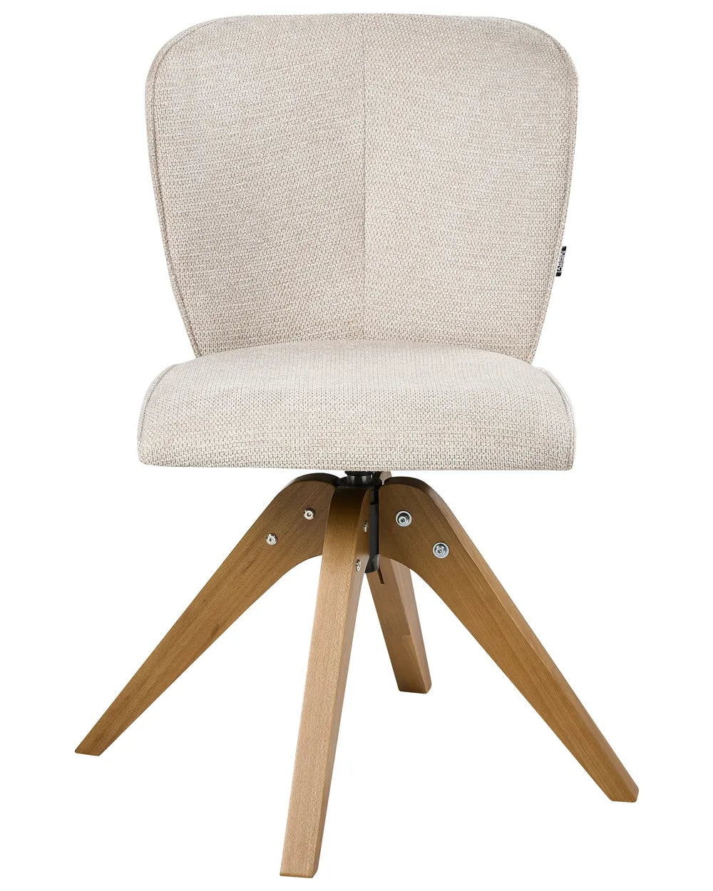 Light beige fabric swivel dining chair with a softly curved upholstered backrest, padded seat, and solid elm wood legs.