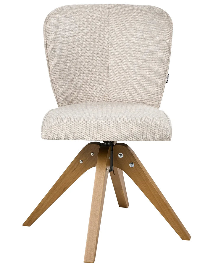 Light beige fabric swivel dining chair with a softly curved upholstered backrest, padded seat, and solid elm wood legs.