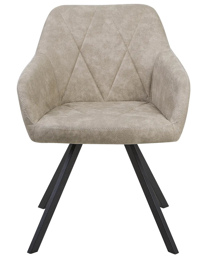 Modern upholstered dining chair in a soft taupe-grey finish, featuring diamond-stitched detailing, integrated armrests, and sleek black metal spider legs for a refined contemporary look.