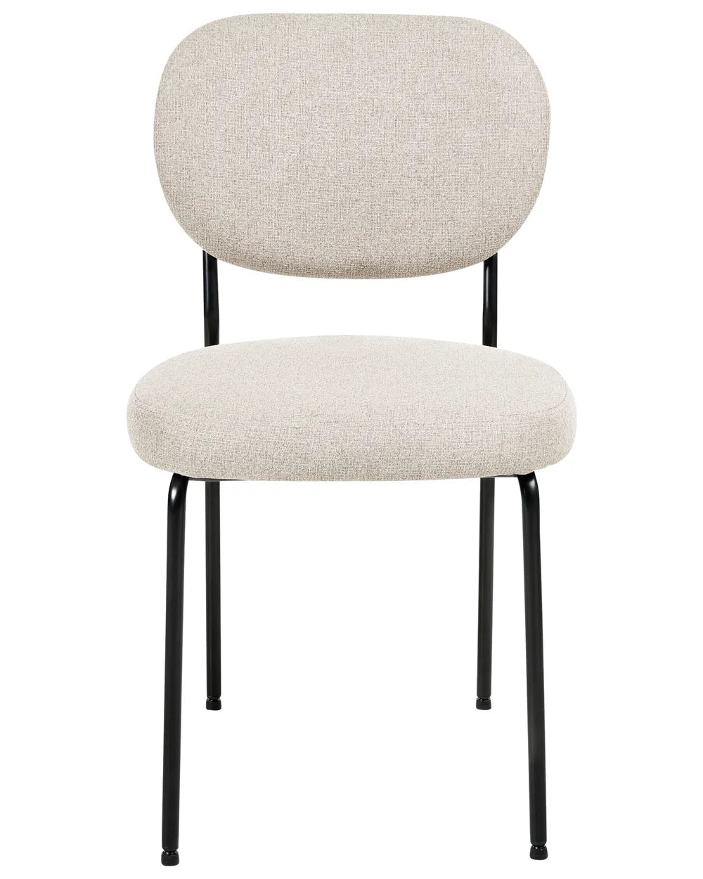 Beige upholstered dining chair with a rounded backrest, generously padded seat, and slim black metal frame, offering comfort with a clean, modern design.