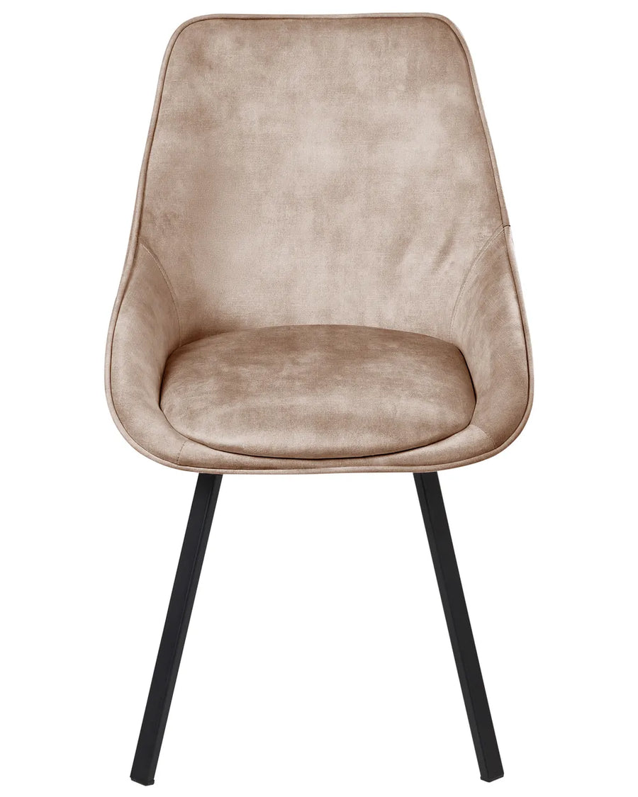 Taupe upholstered dining chair with a cushioned seat and sleek black metal legs.