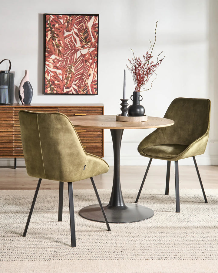 Olive green dining chair styled around a modern dining table in a warm contemporary interior.