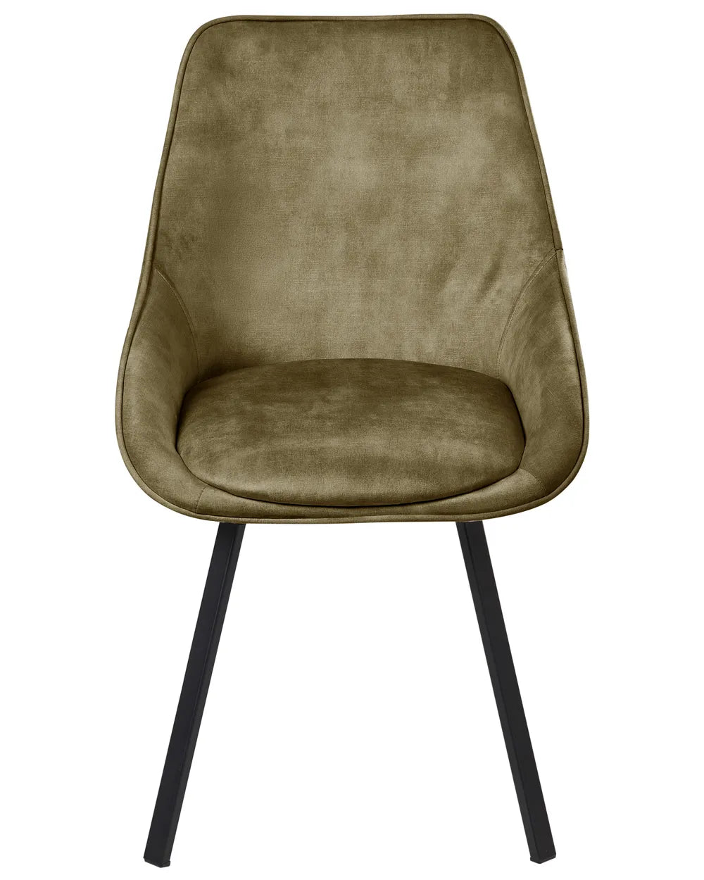 Olive green upholstered dining chair with a cushioned seat and sleek black metal legs.