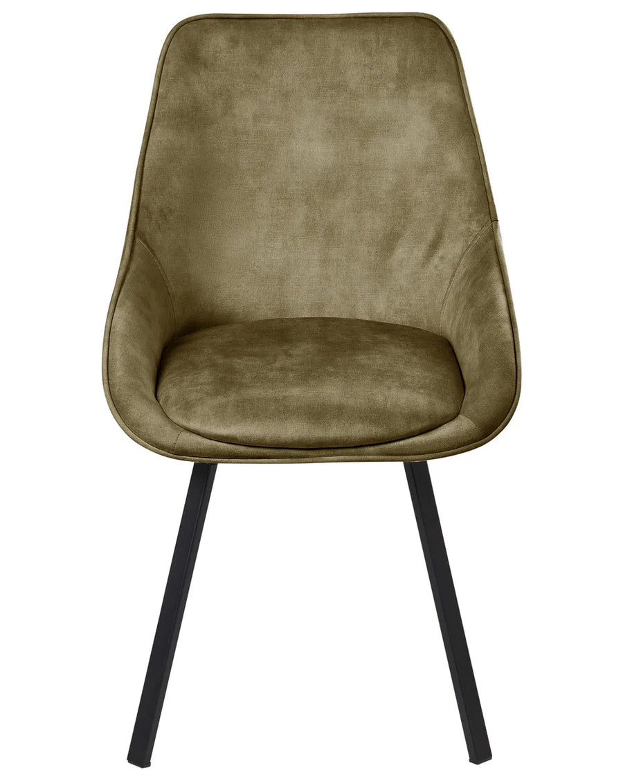 Olive green upholstered dining chair with a cushioned seat and sleek black metal legs.