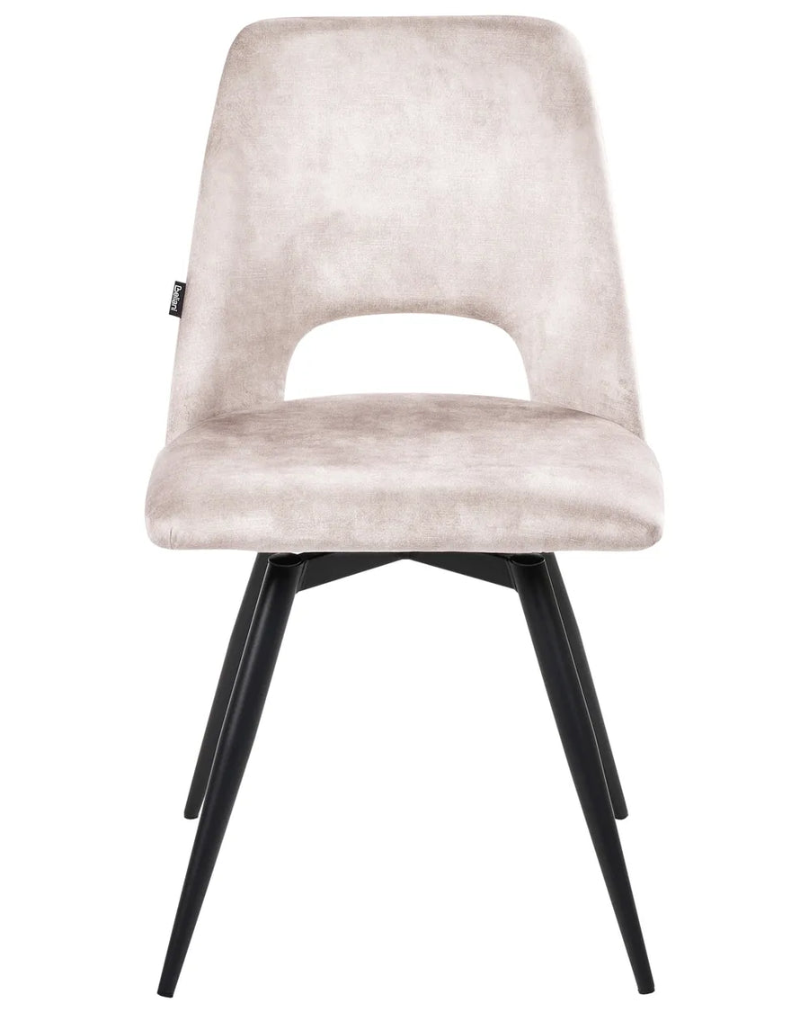 Light grey upholstered dining chair with a curved backrest cutout and black swivel-style metal legs.