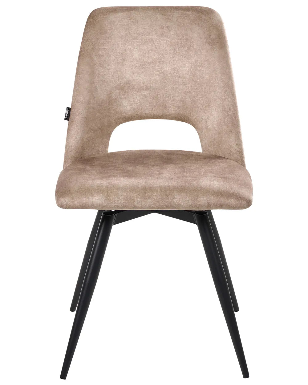 Taupe velvet dining chair with a curved cutout backrest and black metal legs.