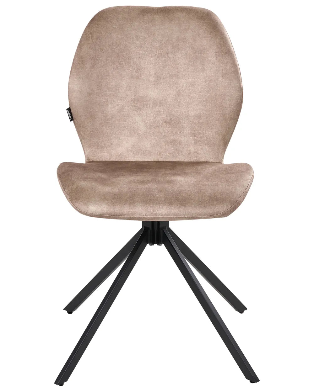 Taupe faux leather swivel dining chair with a padded seat and black metal base.