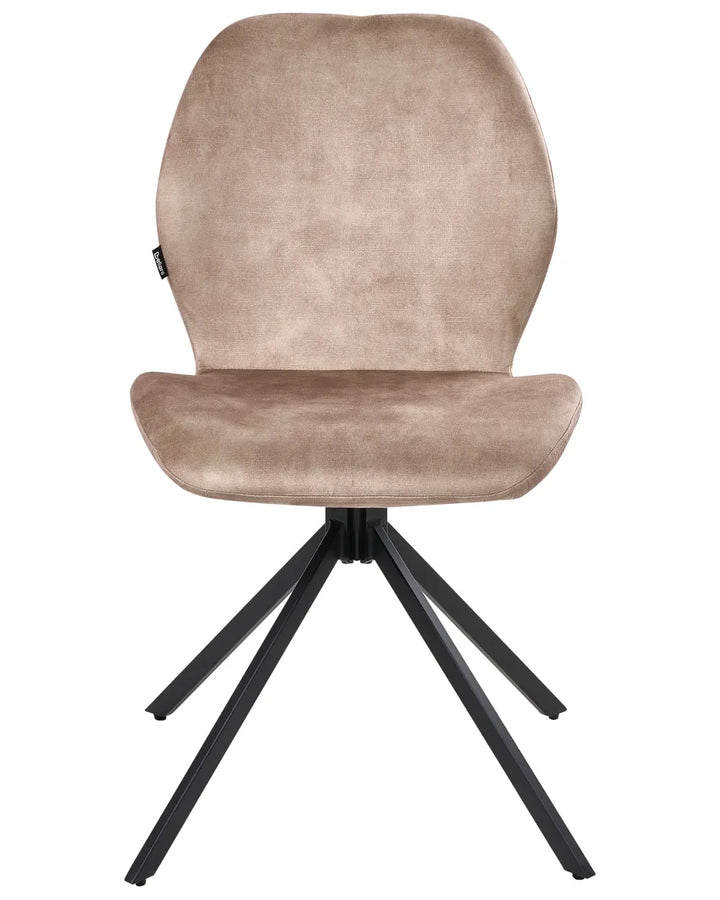Taupe faux leather swivel dining chair with a padded seat and black metal base.