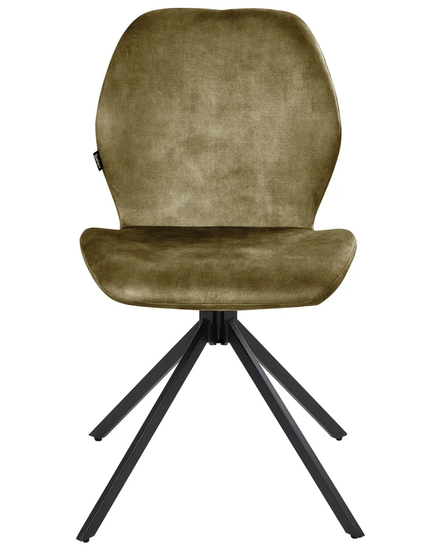 Olive velvet swivel dining chair with a black metal base.