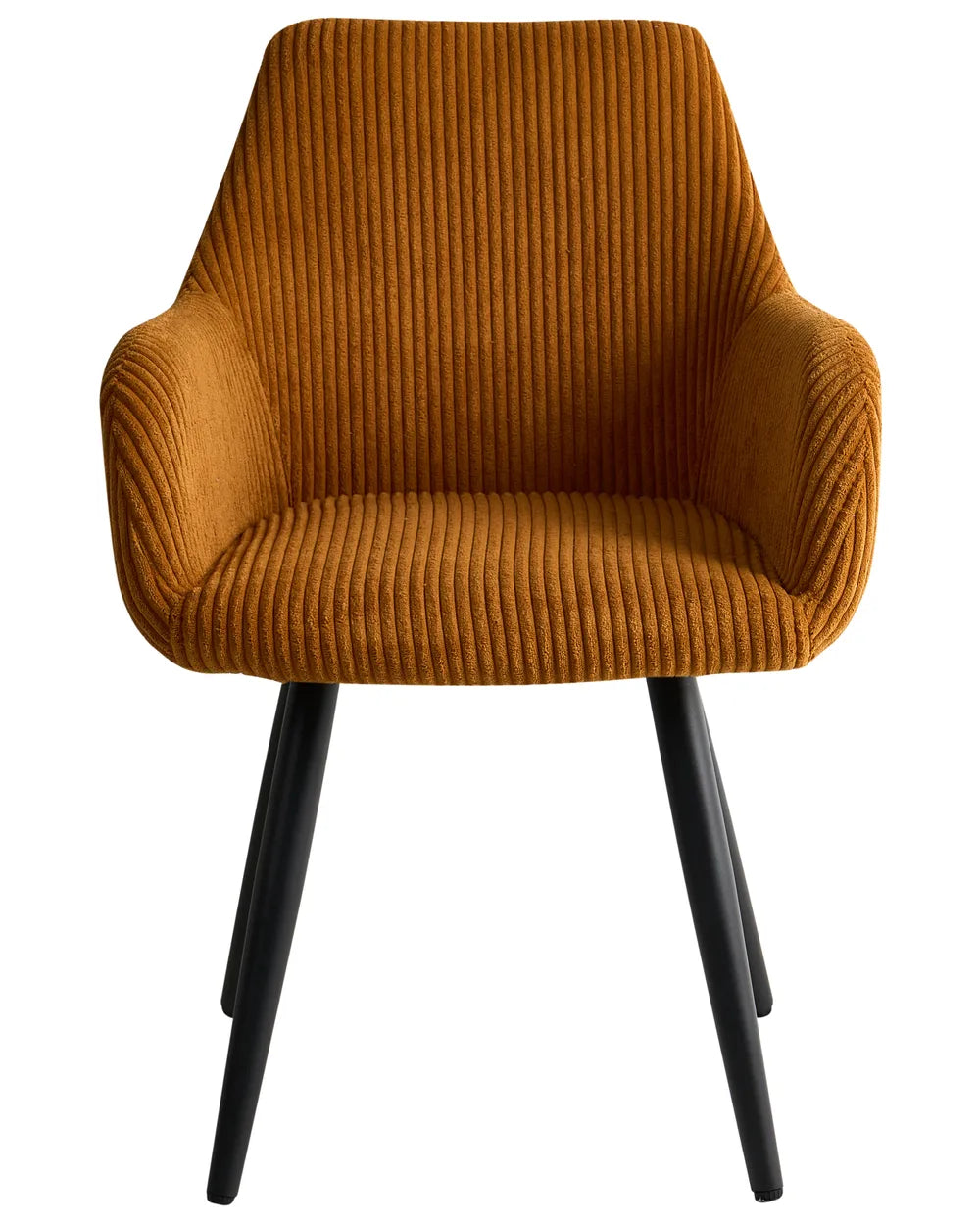 Mustard orange corduroy dining chair with armrests and black legs.