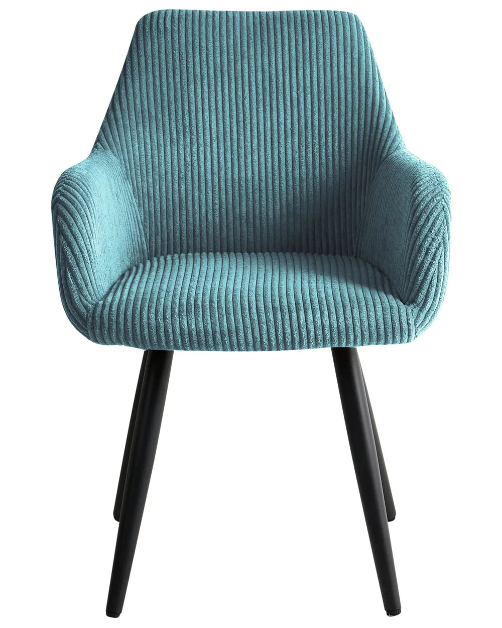Turquoise corduroy dining chair with armrests and black legs.