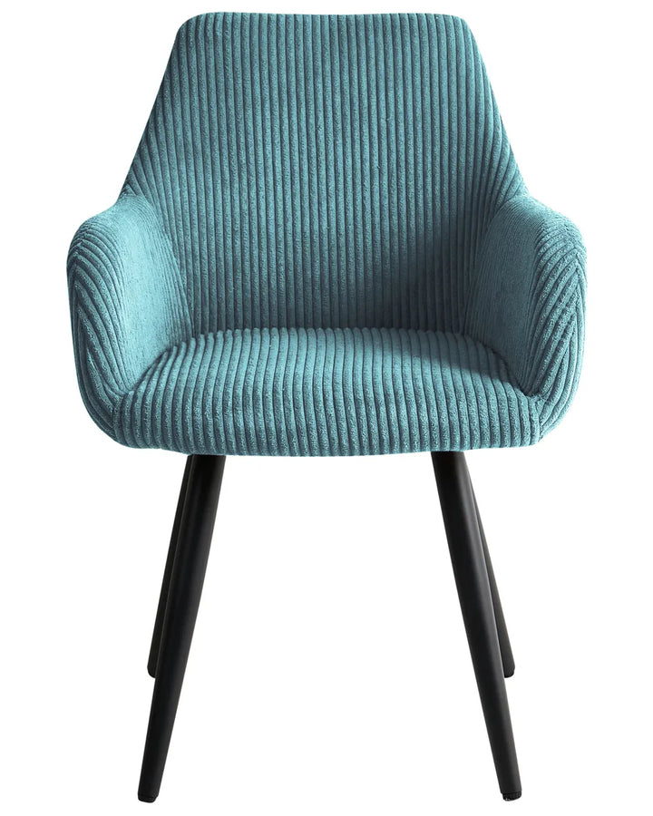 Turquoise corduroy dining chair with armrests and black legs.