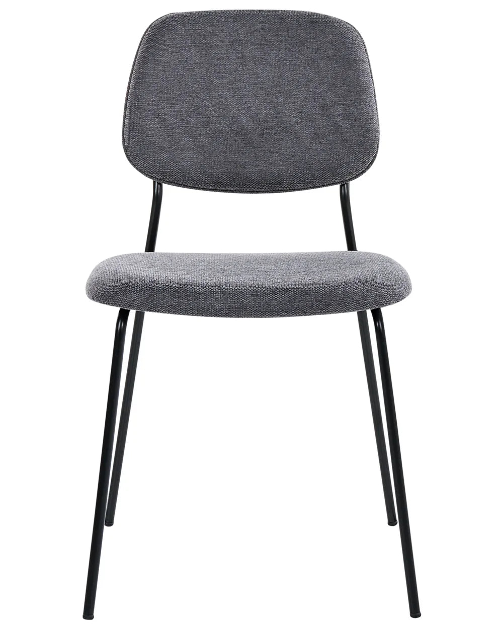 Dark grey upholstered dining chair with a curved backrest, wood veneer back panel, and black metal legs.