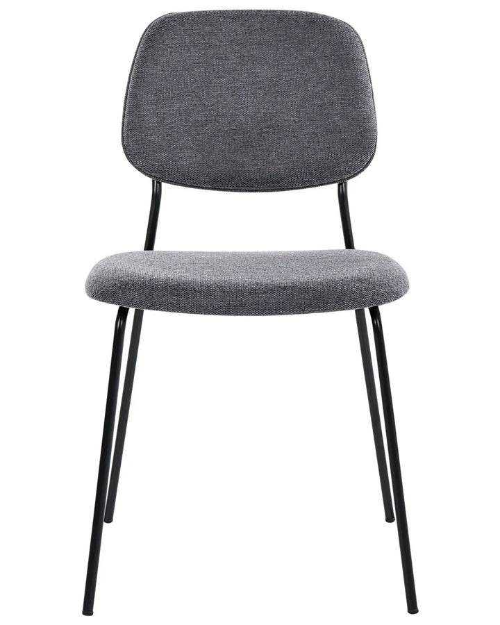 Dark grey upholstered dining chair with a curved backrest, wood veneer back panel, and black metal legs.