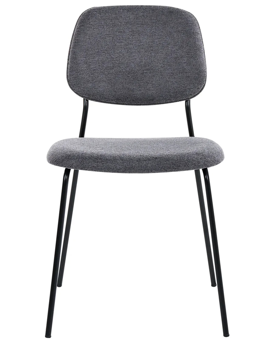 Dark grey upholstered dining chair with a curved backrest, wood veneer back panel, and black metal legs.