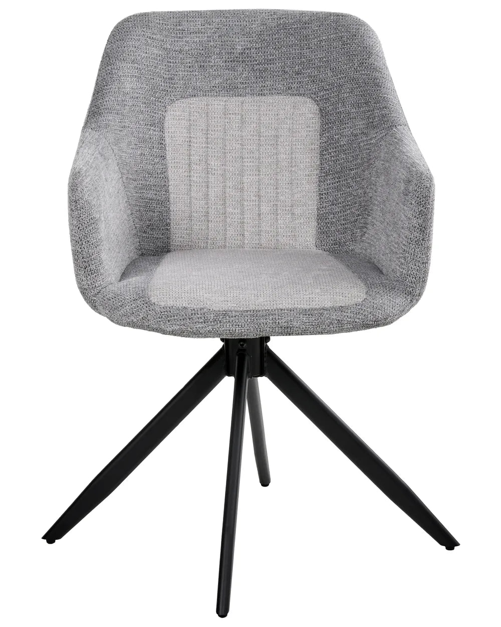 Grey swivel dining chair with textured fabric upholstery, a padded centre panel, integrated armrests, and a black metal swivel base.