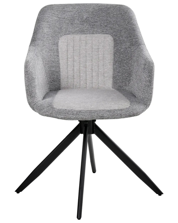Grey swivel dining chair with textured fabric upholstery, a padded centre panel, integrated armrests, and a black metal swivel base.