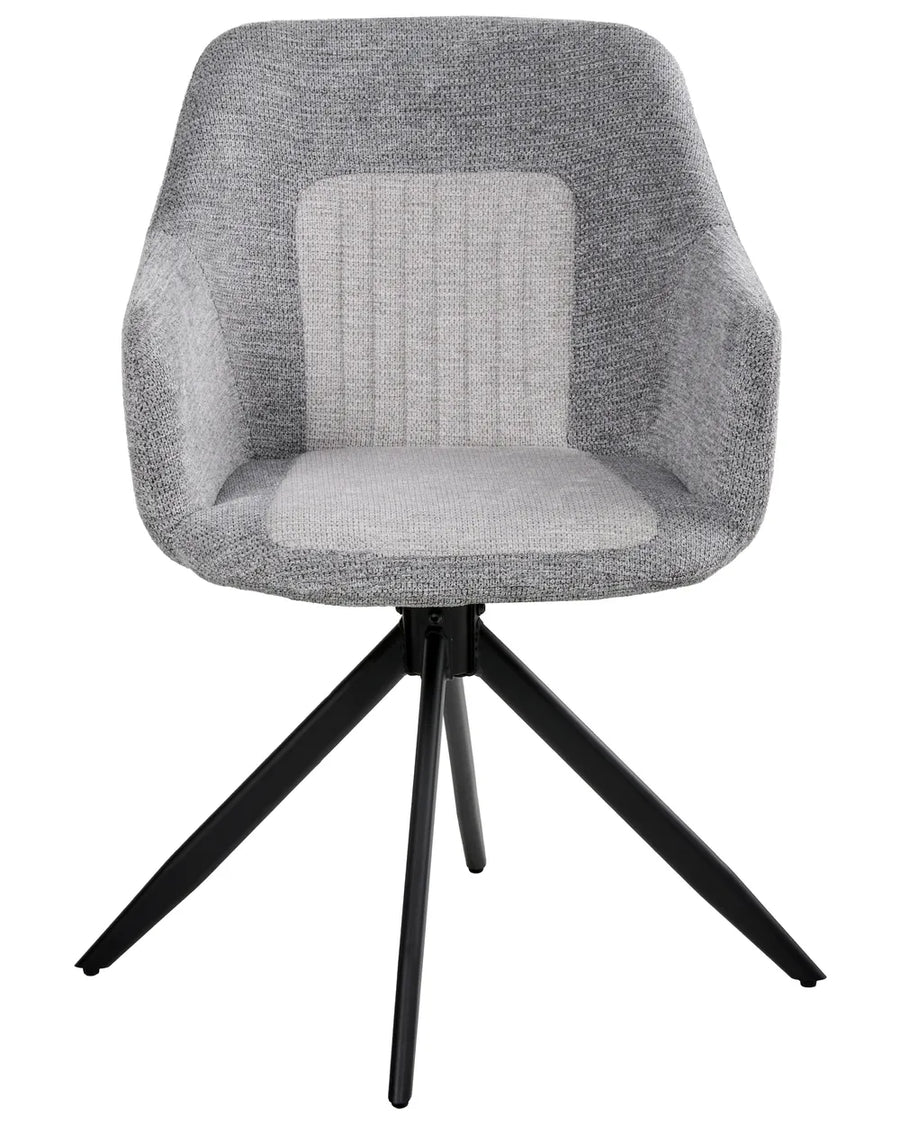 Grey swivel dining chair with textured fabric upholstery, a padded centre panel, integrated armrests, and a black metal swivel base.