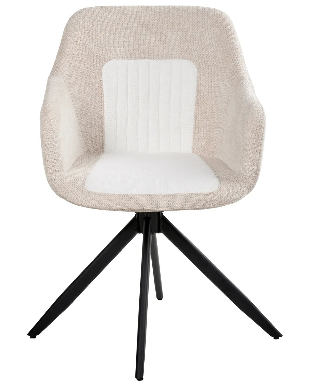 Light beige swivel dining chair with textured fabric upholstery, padded ivory centre panel, integrated armrests, and a black metal swivel base.
