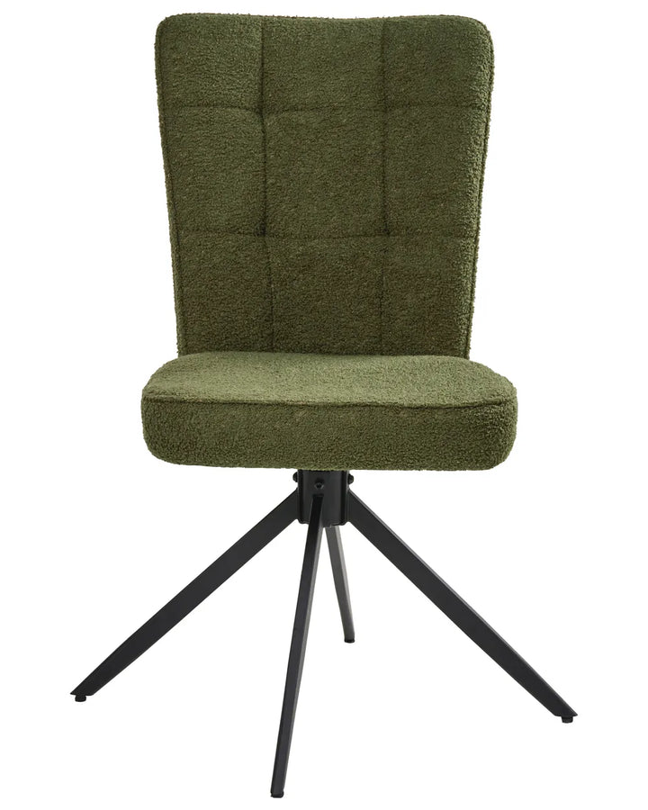 Dark green bouclé swivel dining chair with a tall quilted backrest, padded seat, and black four-star metal swivel base.