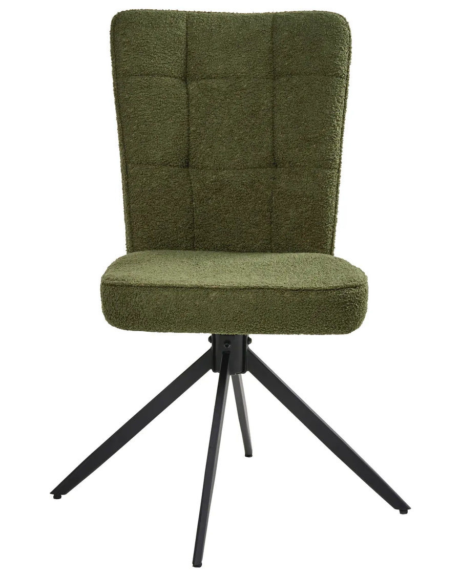 Dark green bouclé swivel dining chair with a tall quilted backrest, padded seat, and black four-star metal swivel base.