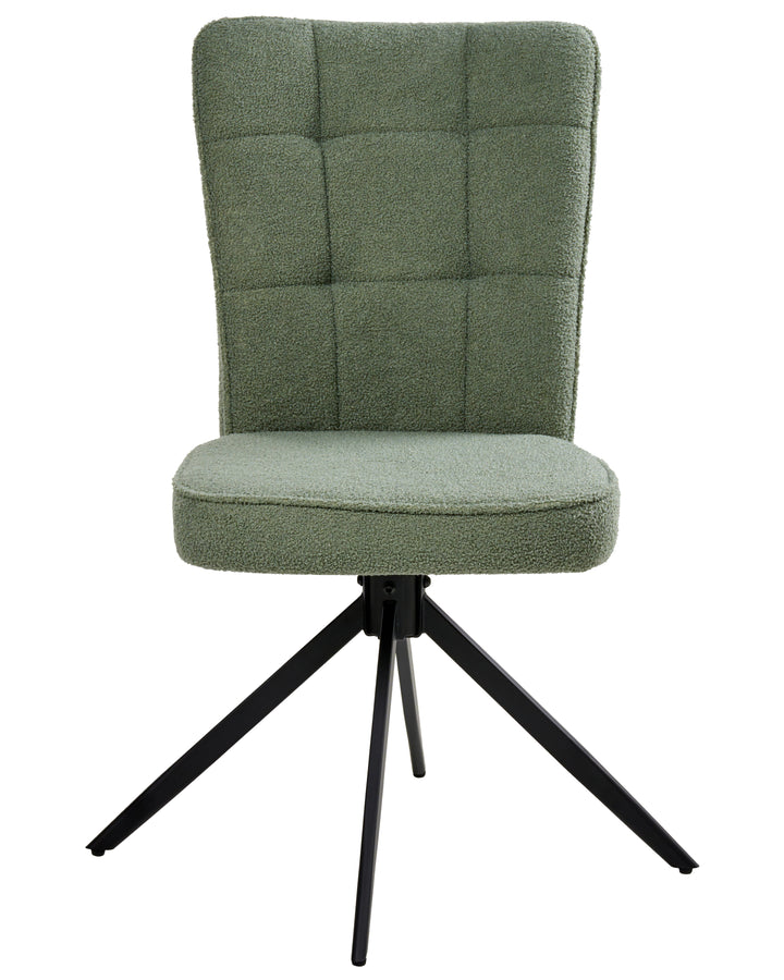 Light green bouclé swivel dining chair with a quilted backrest and black metal base.