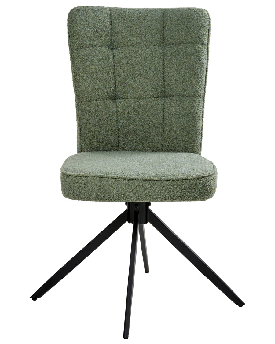 Light green bouclé swivel dining chair with a quilted backrest and black metal base.