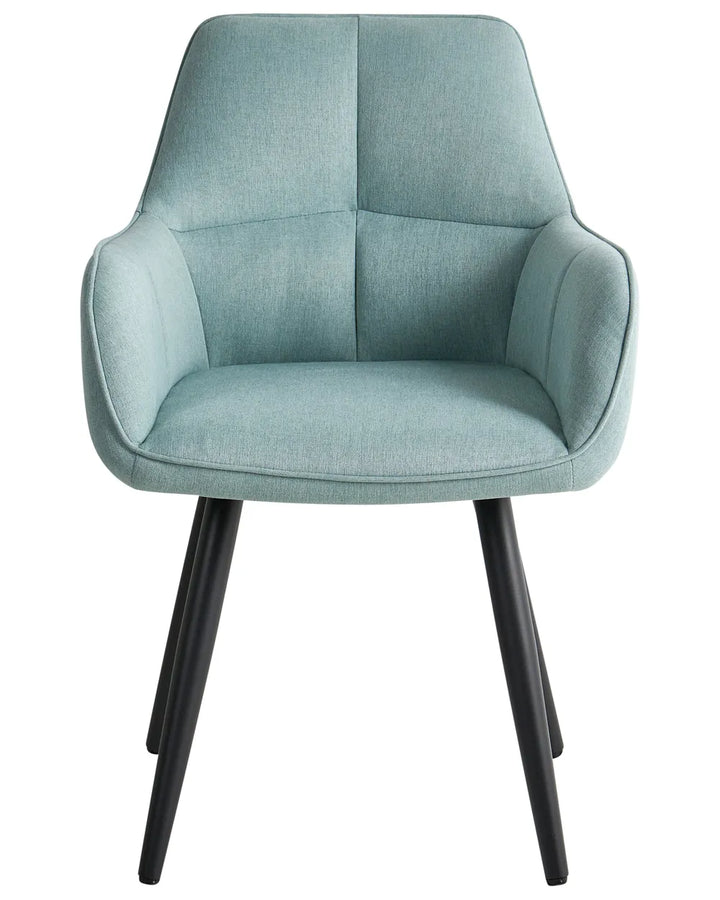 Light blue upholstered dining chair with padded armrests and black metal legs.