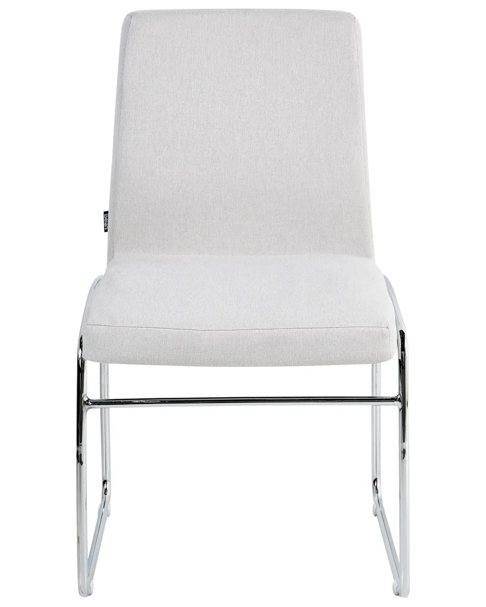 Light grey fabric dining chair with a padded seat and back, supported by slim chromed steel legs.