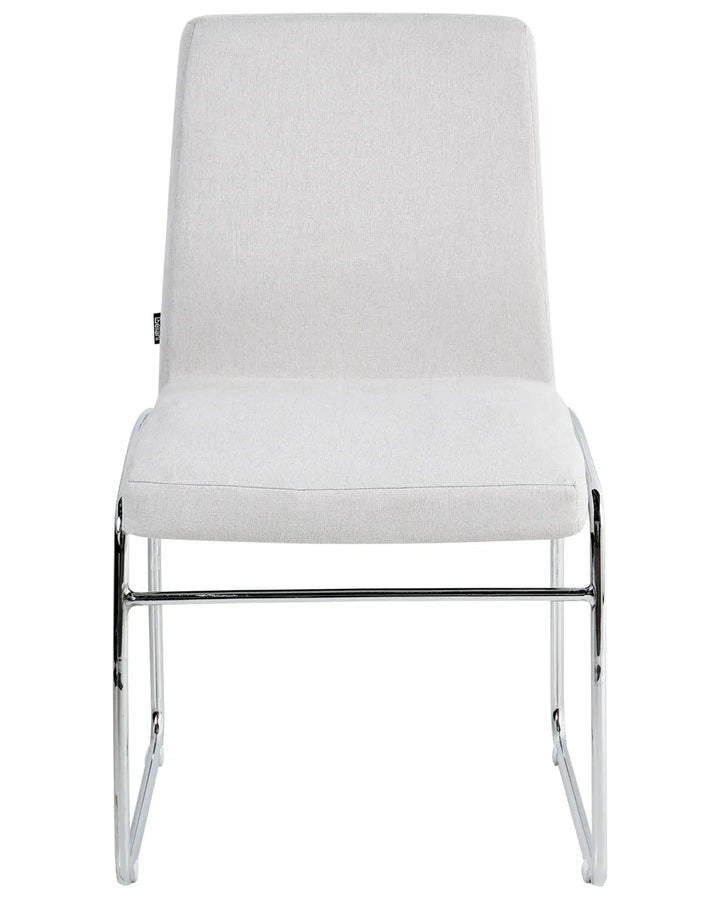 Light grey fabric dining chair with a padded seat and back, supported by slim chromed steel legs.