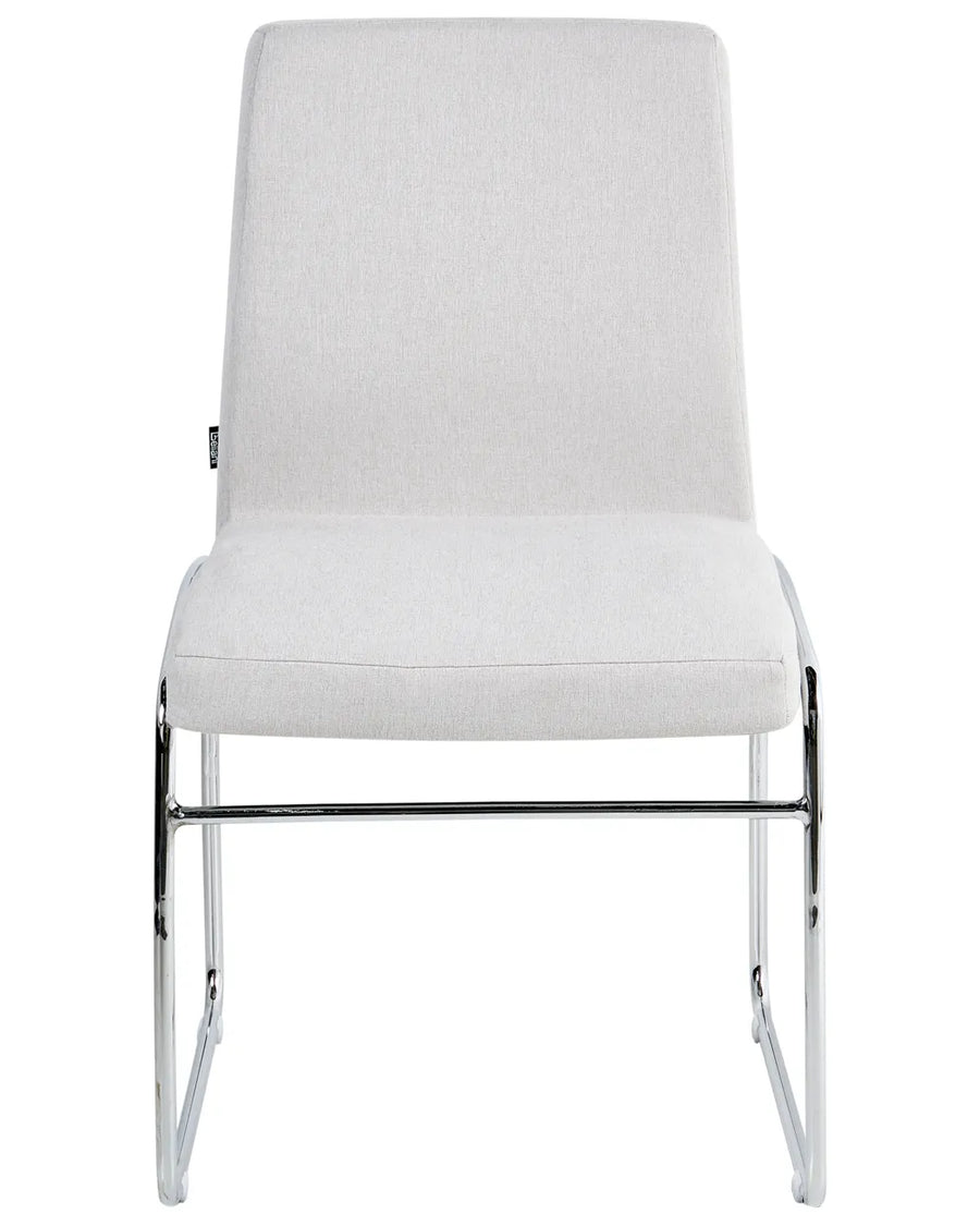 Light grey fabric dining chair with a padded seat and back, supported by slim chromed steel legs.