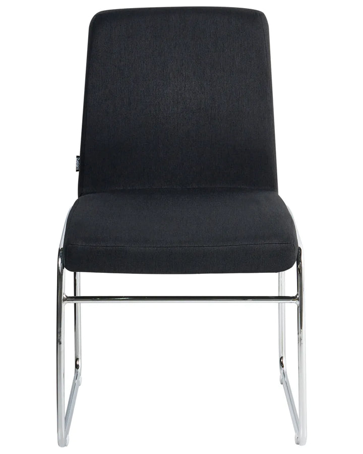 Black fabric dining chair with a padded seat and back, supported by slim chromed steel legs.